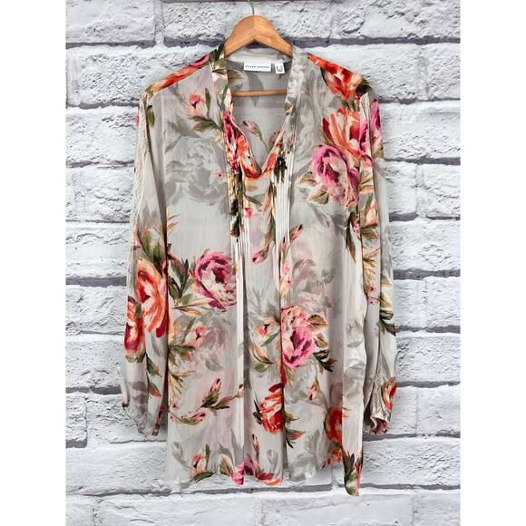 SUSAN GRAVER Women's L Floral Printed Sheer Chiffon Lace Trim Pleated Tunic Top - Picture 13 of 13